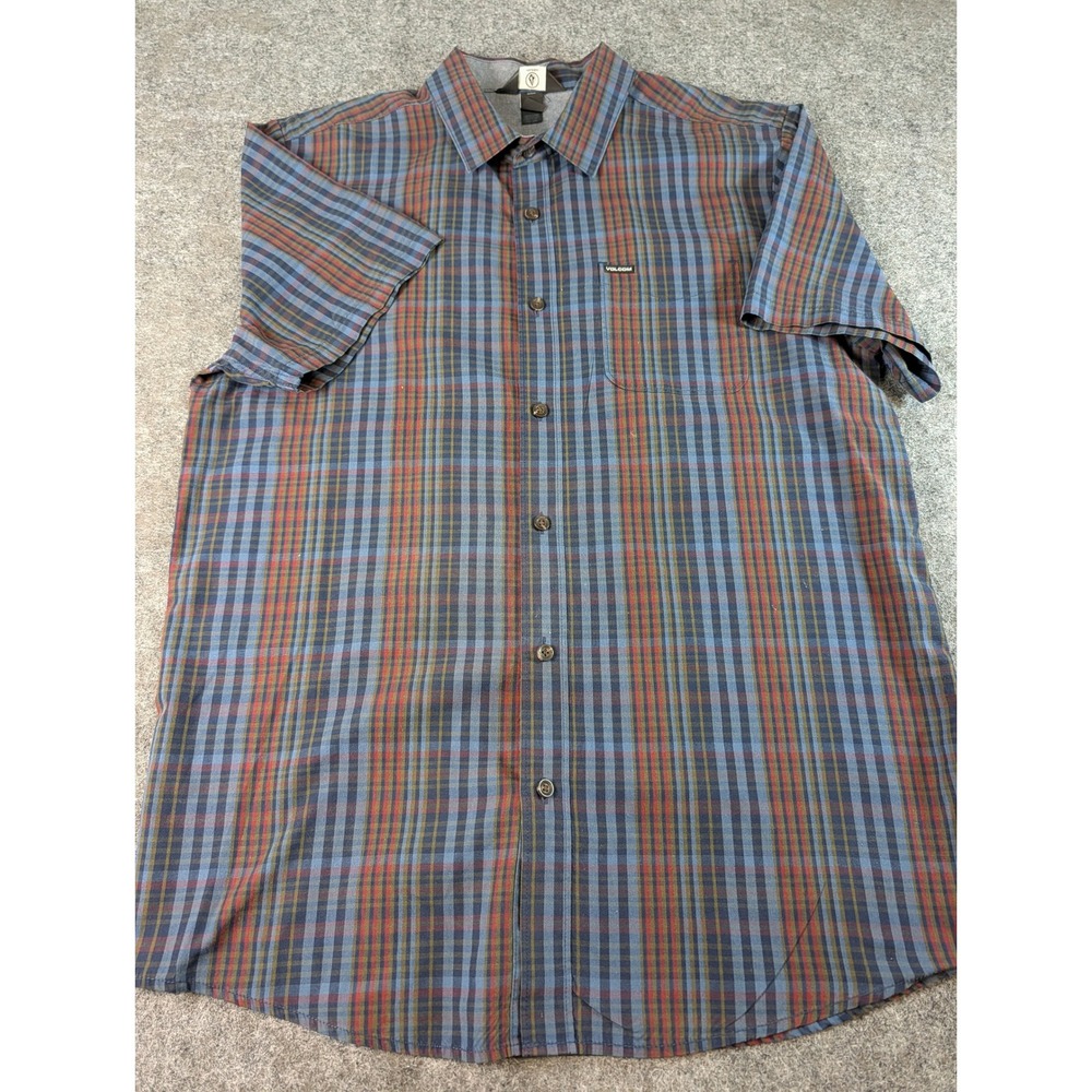 Volcom Mens Modern Fit Plaid Short Sleeve Button Down Shirt Blue Red A0431706 L